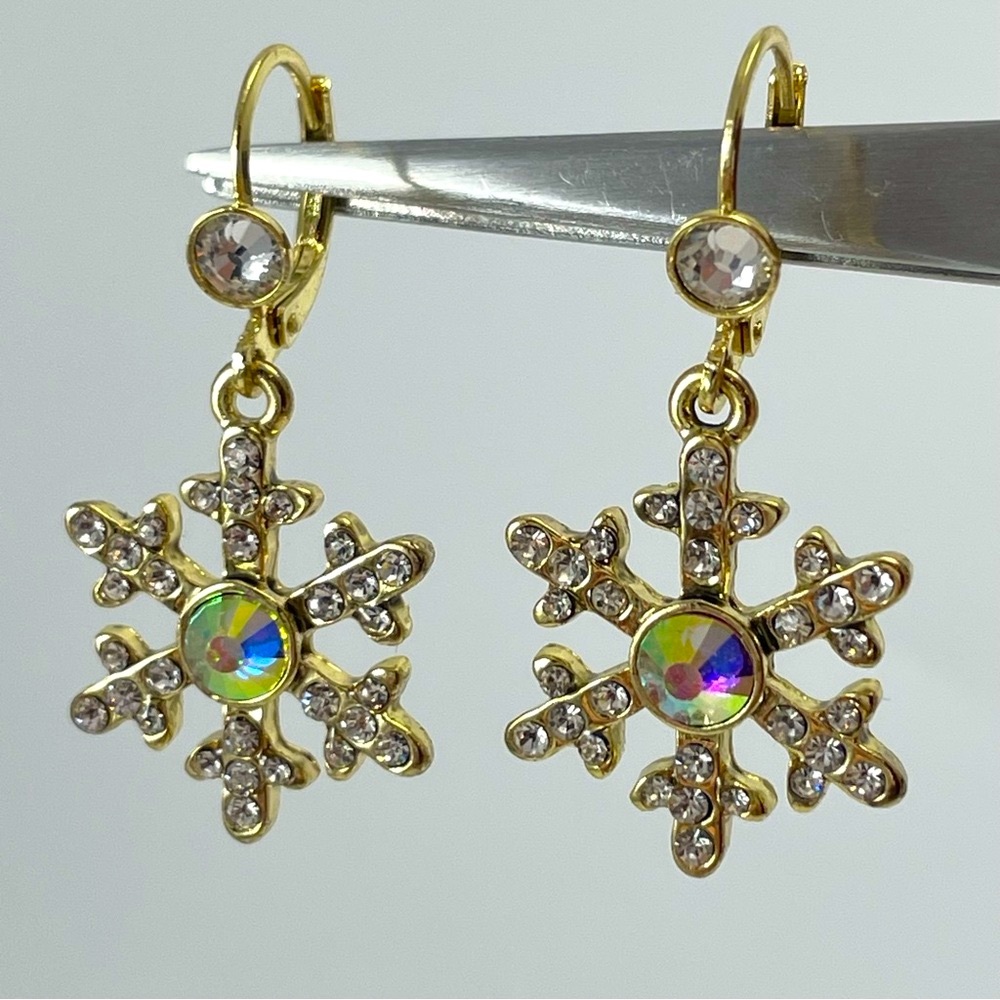 Kirks Folly Yellow Gold Tone AB Glass Rhinestone Snow Flake Dangle Earrings